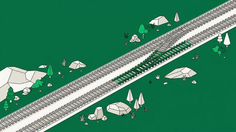 Flat isometric illustration. A wide landscape view of a long rail line running away into the distance across open terrain, true for most of its length, one section subtly out of alignment, the divergence widening far off. Small in frame.