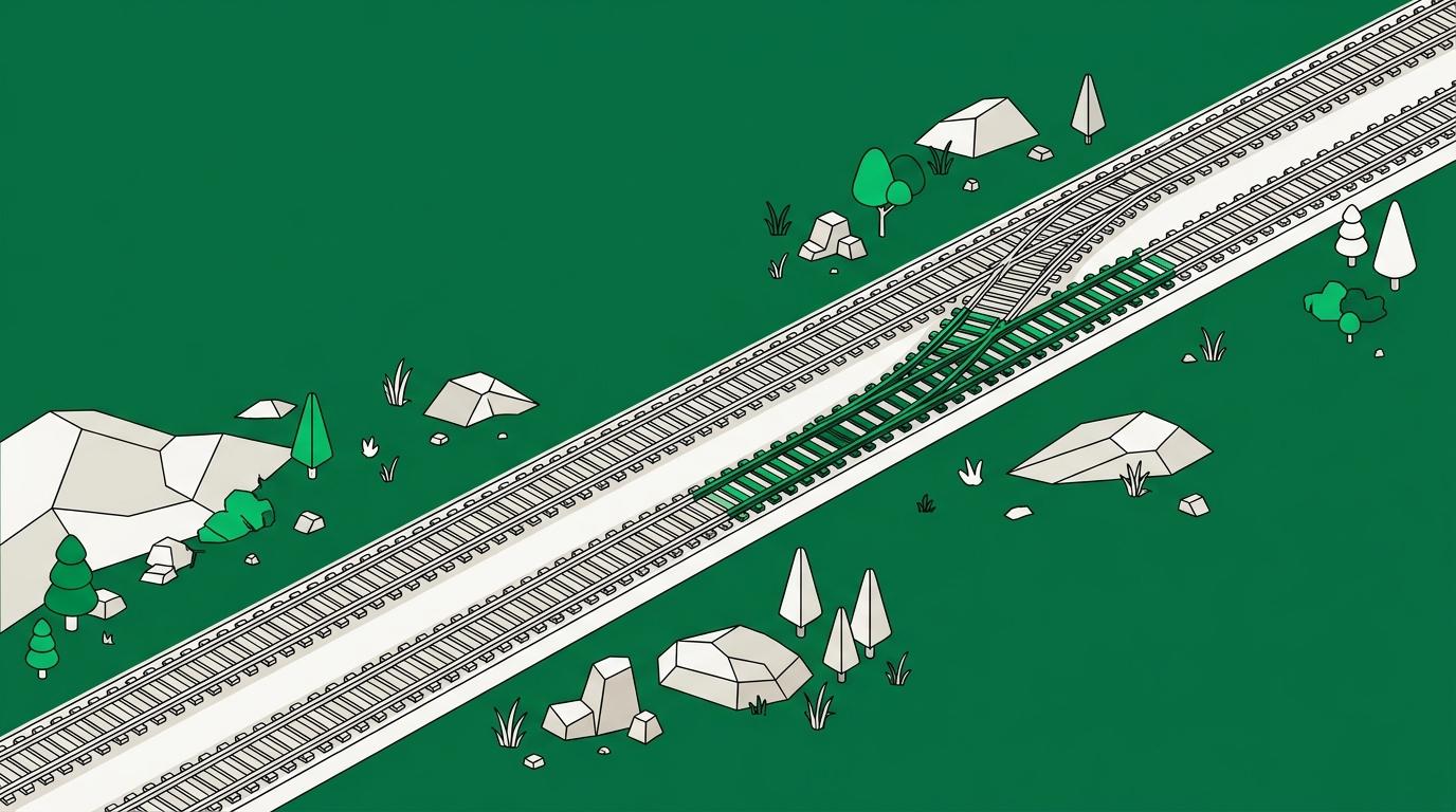 Flat isometric illustration. A wide landscape view of a long rail line running away into the distance across open terrain, true for most of its length, one section subtly out of alignment, the divergence widening far off. Small in frame.
