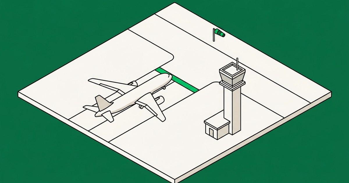 Flat isometric illustration on a deep green field: a passenger aircraft holds on a taxiway just short of a bright green hold line before the runway, while an air traffic control tower overlooks it and a windsock stands beside the runway.