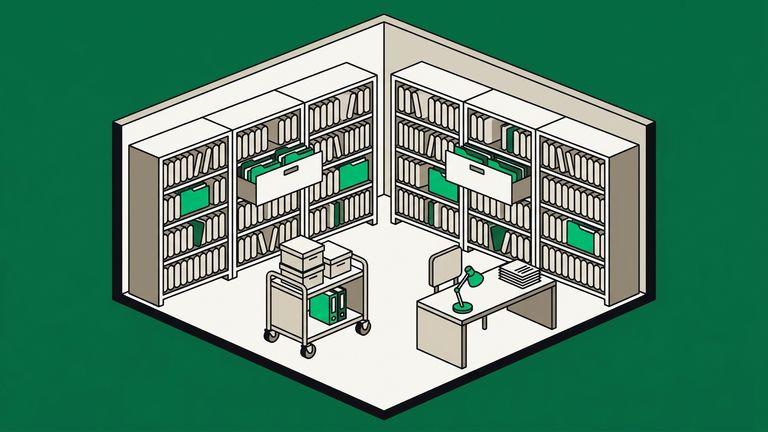 Flat isometric illustration. An archive room with a floor and two walls, lined with deep filing racks. A few drawers stand open. Furnished and real, not a void. Mostly off-white, field reduced to a border.