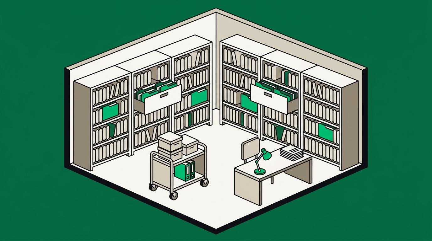 Flat isometric illustration. An archive room with a floor and two walls, lined with deep filing racks. A few drawers stand open. Furnished and real, not a void. Mostly off-white, field reduced to a border.
