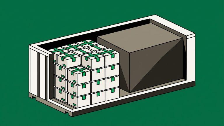 Flat isometric illustration. A cutaway through a loaded container showing its interior divided in two: half filled with neatly stacked cargo, half occupied by a solid immovable wedge taking up space that cargo could have used.