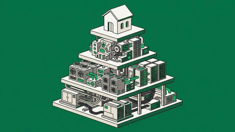 Flat isometric illustration. A small simple hut sits on the top tier of a plinth. Directly beneath it, revealed as successive lower tiers, sits the vast supporting machinery that would actually be required to run it: layer on layer of dense equipment, each broader than the one above. The visible ask is tiny, the substructure is enormous.