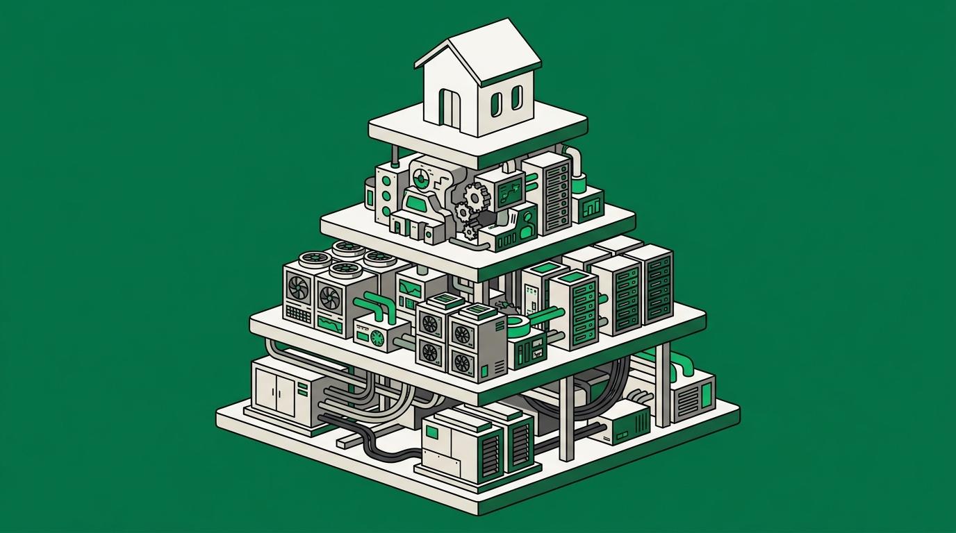Flat isometric illustration. A small simple hut sits on the top tier of a plinth. Directly beneath it, revealed as successive lower tiers, sits the vast supporting machinery that would actually be required to run it: layer on layer of dense equipment, each broader than the one above. The visible ask is tiny, the substructure is enormous.