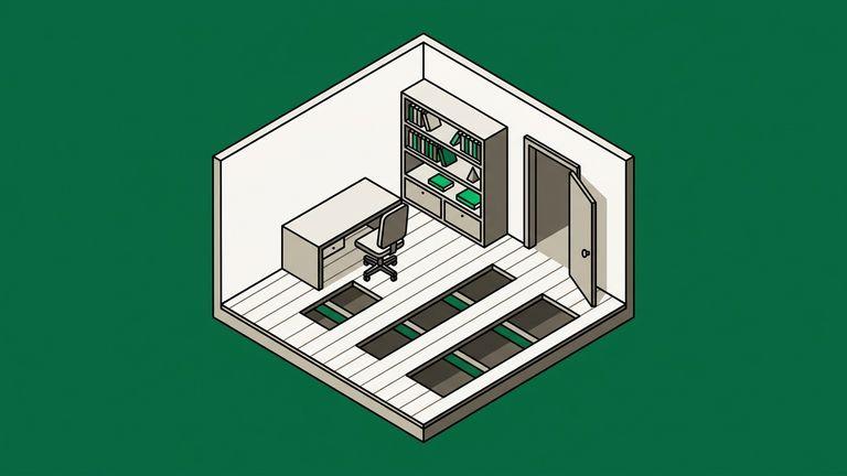 Flat isometric illustration. A room with a visible floor and two walls: a plain office interior containing a desk, a chair, shelving and a doorway. Three floorboards are missing at intervals across the room, each gap larger than the last. Furnished and inhabited-looking, not a void. No cables.
