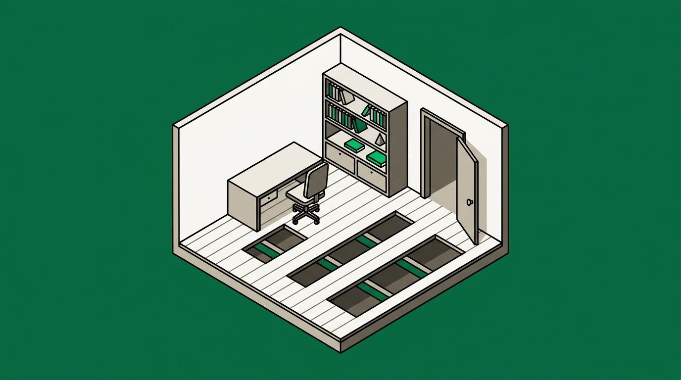 Flat isometric illustration. A room with a visible floor and two walls: a plain office interior containing a desk, a chair, shelving and a doorway. Three floorboards are missing at intervals across the room, each gap larger than the last. Furnished and inhabited-looking, not a void. No cables.