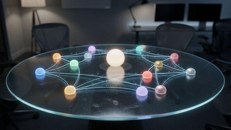 Nine glowing nodes connected in a mesh network on a glass table, representing AI agent collaboration