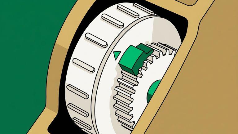 Flat isometric illustration. Extreme close view of a single counter wheel and its detent pawl inside a calculating mechanism, filling the frame, brass-like forms rendered flat. Very few elements.