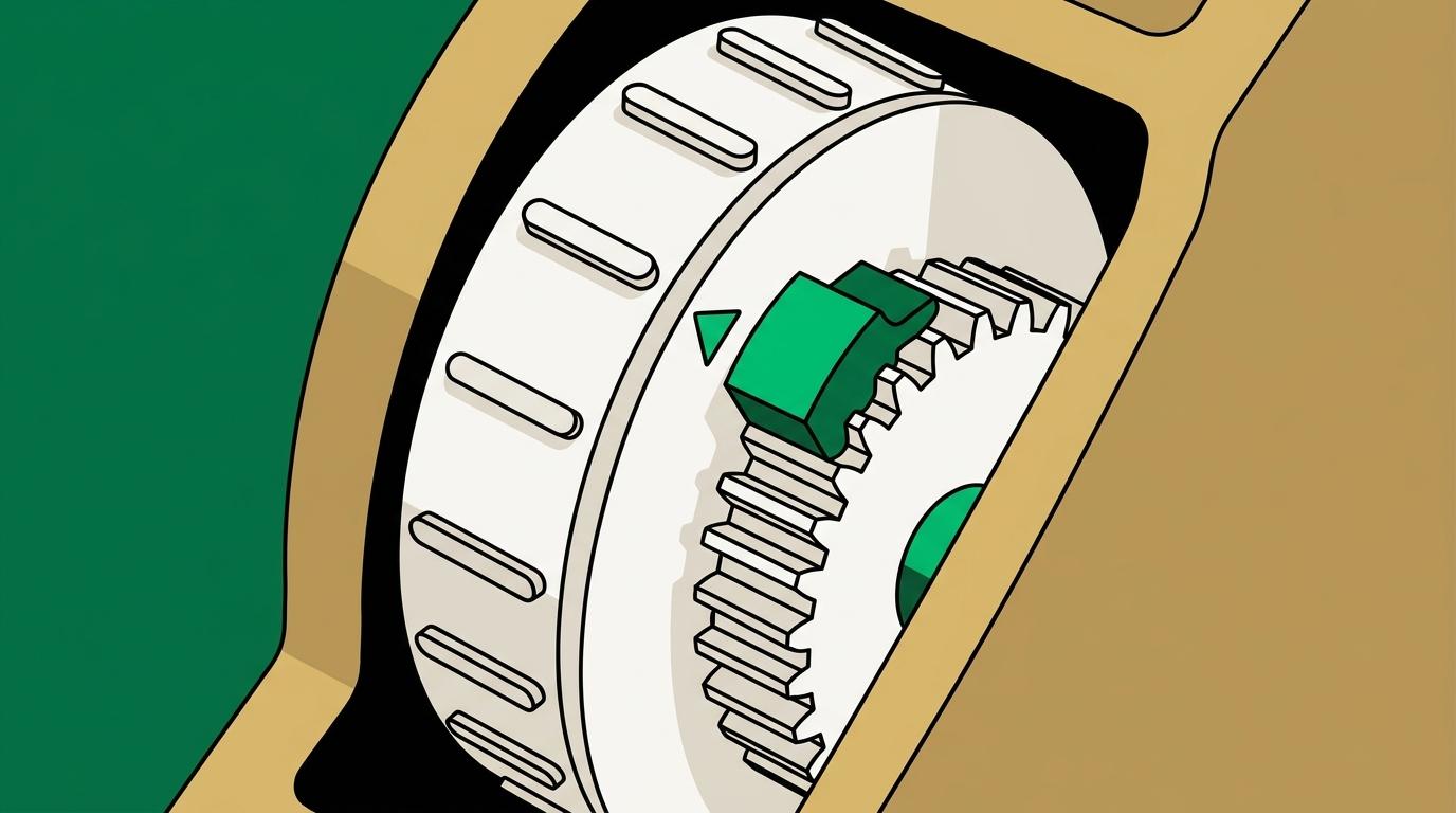 Flat isometric illustration. Extreme close view of a single counter wheel and its detent pawl inside a calculating mechanism, filling the frame, brass-like forms rendered flat. Very few elements.