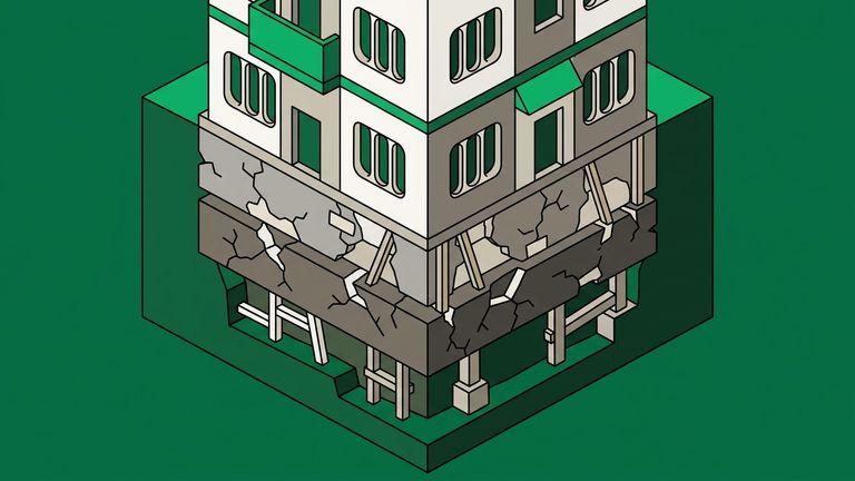 Flat isometric illustration. A cutaway through the foundations and lower floors of a building, revealing strata beneath the clean upper storeys: older courses that are cracked, patched with mismatched material and shored with props. Grounded in earth, not floating. Dense detail in the lower half, calm above. No cables.