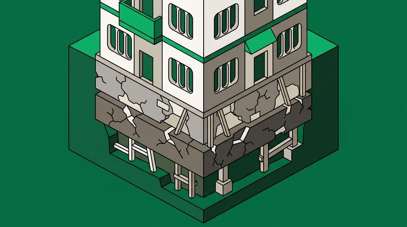 Flat isometric illustration. A cutaway through the foundations and lower floors of a building, revealing strata beneath the clean upper storeys: older courses that are cracked, patched with mismatched material and shored with props. Grounded in earth, not floating. Dense detail in the lower half, calm above. No cables.