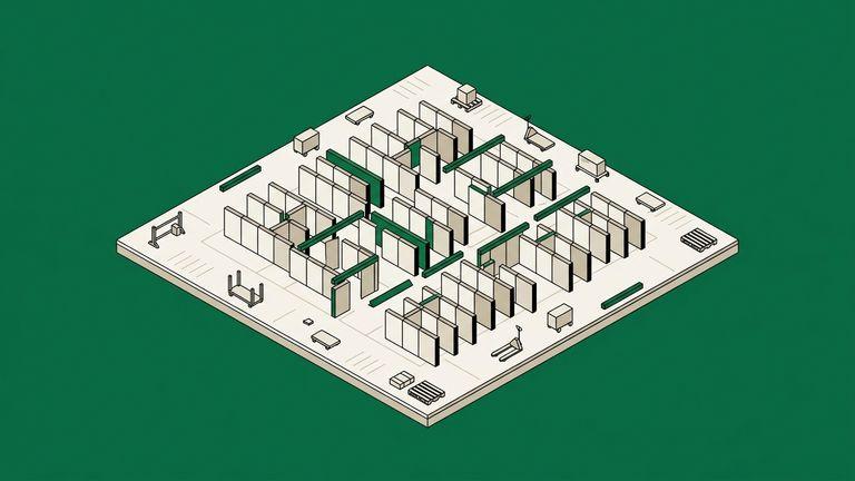 Flat isometric illustration. A wide view of a large open assembly floor seen from a distance, with prefabricated panel sections laid out across it in rows and the joins between them visibly misaligned. The structures are small within a big frame. Grounded on a floor plane. No cables.