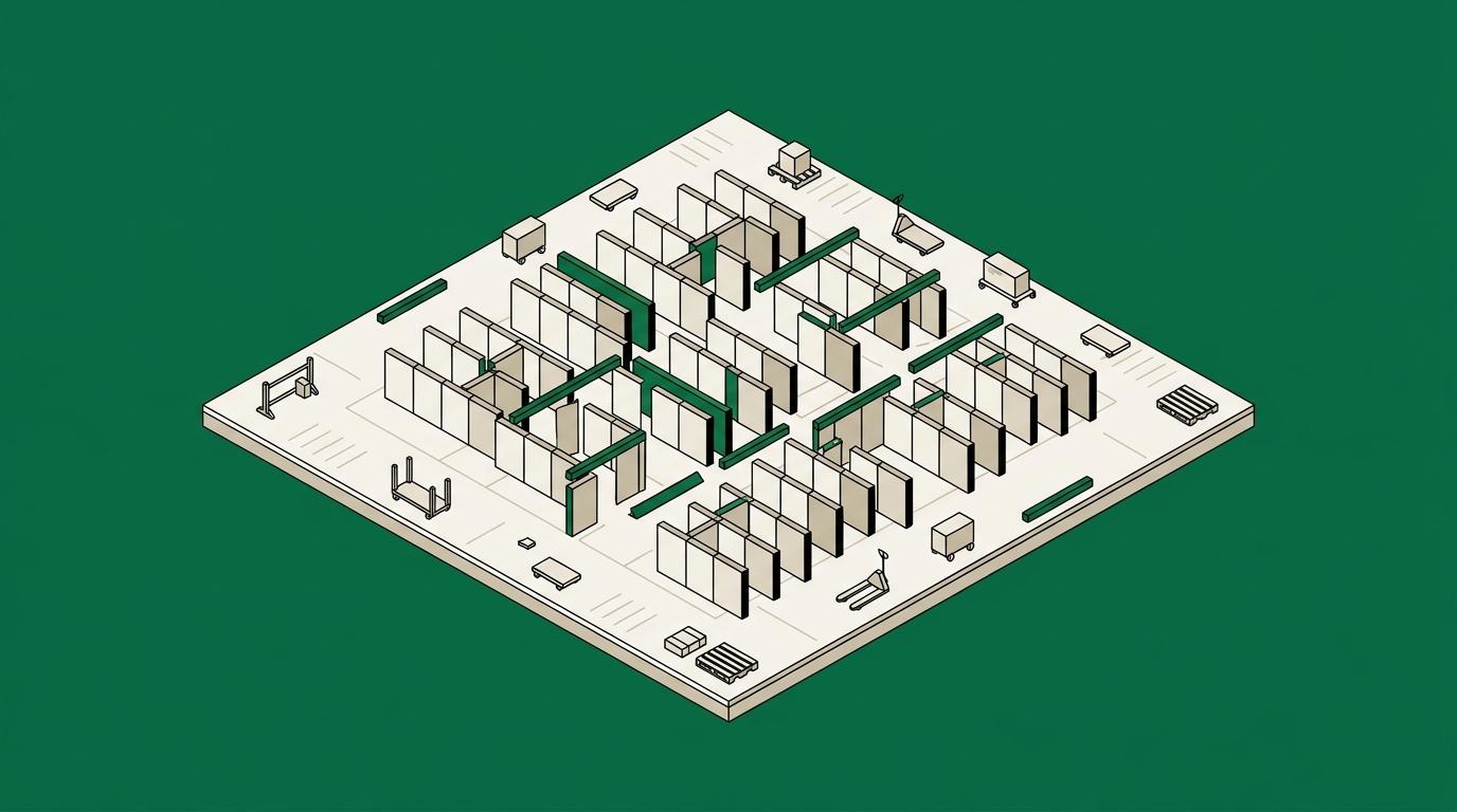 Flat isometric illustration. A wide view of a large open assembly floor seen from a distance, with prefabricated panel sections laid out across it in rows and the joins between them visibly misaligned. The structures are small within a big frame. Grounded on a floor plane. No cables.