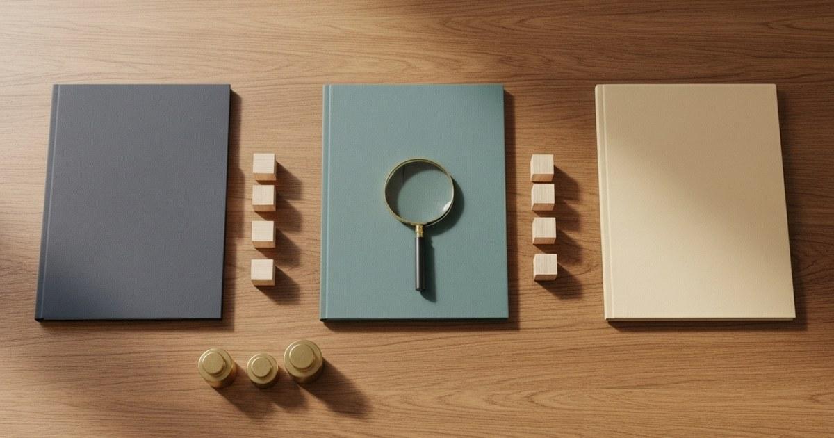 Three blank proposal folders, a magnifying glass, wooden delivery blocks, and brass weights arranged for careful comparison.