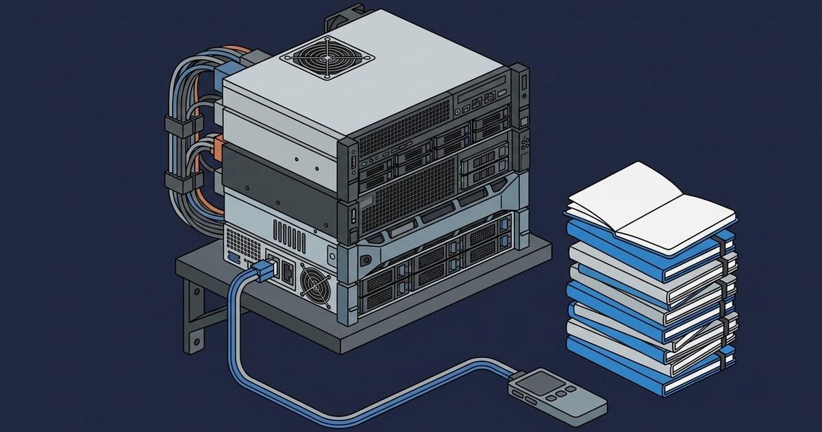 Flat isometric vector illustration on a solid navy field. A compact rack-style server assembly with visible vents and drive bays sits on a floating shelf, one thick cable runs from a port on the server to a plain handheld device in the foreground, and a tall staggered stack of notebooks in blue and grey covers stands beside it with the top notebook open.