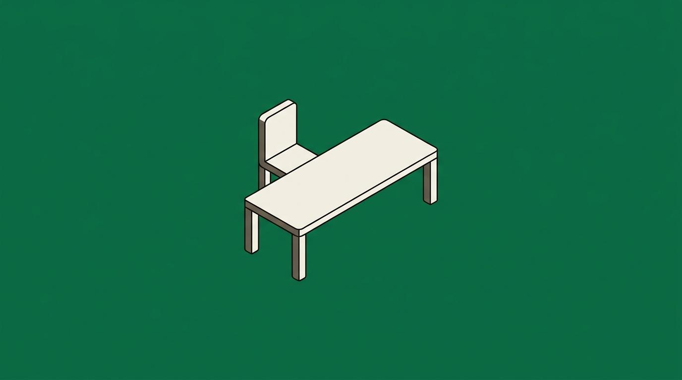 Flat isometric illustration. One empty chair at the head of a long plain table, small in a large frame with generous empty field. Nothing else in the room. No people, no cables.