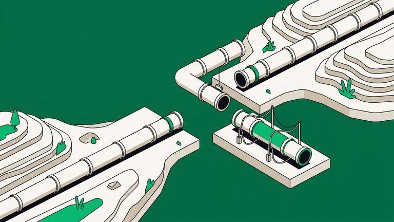 Flat isometric illustration. A wide view of a long pipeline crossing a landscape, small in the frame, with one short section lifted out and a replacement segment waiting beside the gap. Terrain, not void.
