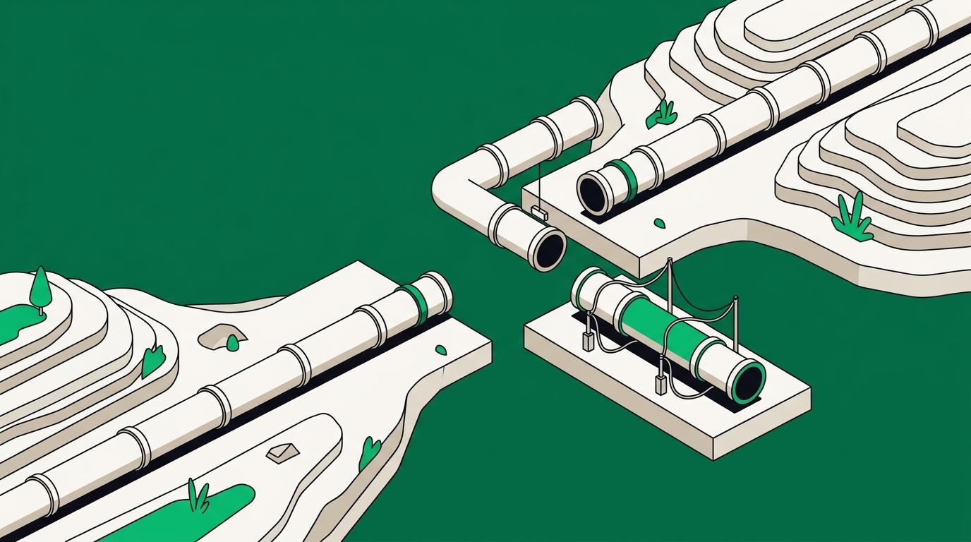 Flat isometric illustration. A wide view of a long pipeline crossing a landscape, small in the frame, with one short section lifted out and a replacement segment waiting beside the gap. Terrain, not void.