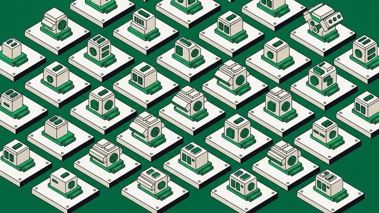 Flat isometric illustration. Rows of identical mounting plates seen from above and to one side, each holding a differently sized engine block, all sharing the same connector footprint. The regular pattern is the subject. Mostly off-white, field reduced to a narrow border. No cables.