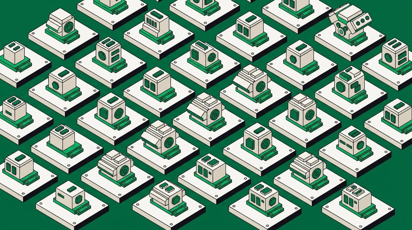 Flat isometric illustration. Rows of identical mounting plates seen from above and to one side, each holding a differently sized engine block, all sharing the same connector footprint. The regular pattern is the subject. Mostly off-white, field reduced to a narrow border. No cables.