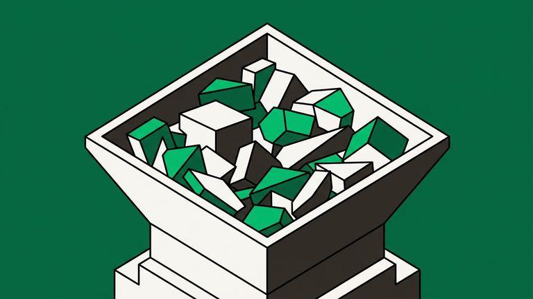 Flat isometric illustration. Extreme close view of the mouth of a feed hopper, filled with mismatched irregular pieces of incompatible shapes jammed against each other. The jam fills the frame.