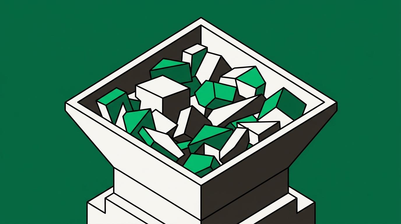 Flat isometric illustration. Extreme close view of the mouth of a feed hopper, filled with mismatched irregular pieces of incompatible shapes jammed against each other. The jam fills the frame.